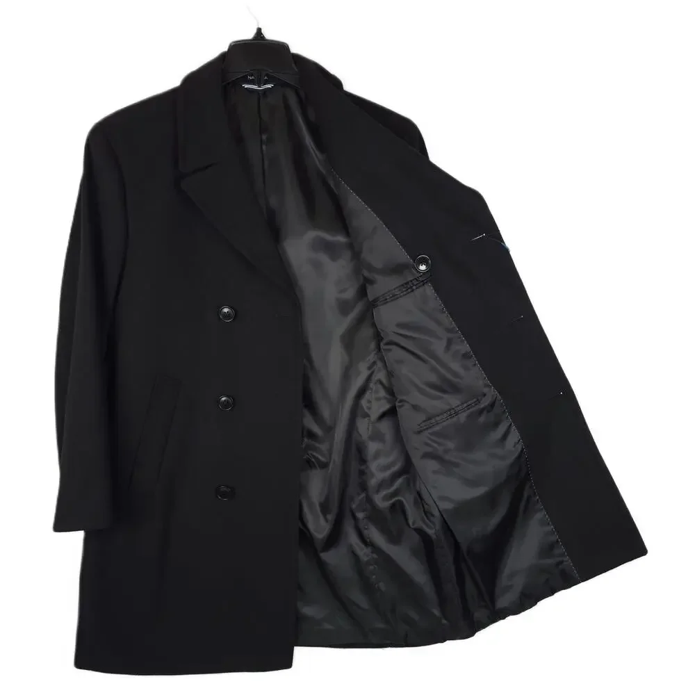 Nautica Mens Classic Fit Overcoat 42R Black Solid Wool Blend Double Breasted